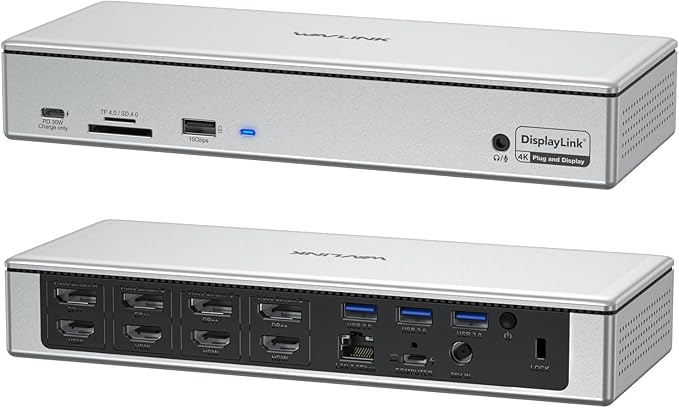 WAVLINK DisplayLink Laptop Docking Station - Quad Monitor 5K/4K @60Hz, 100W Charging - Thunderbolt 5/4, USB-C/A - M1-M5 Mac/Macbook Neo/Windows/Chrome- 4 HDMI, 4 DP, 180W Power, SD 4.0 CR, 2.5Gbps LAN