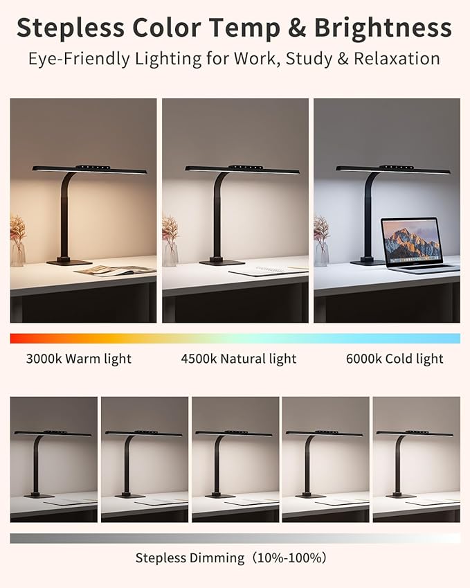 24W LED Desk Lamp, 112 High-Bright Eye-Caring Architect Light, 3000K-6000K Stepless Dimmable Touch Control, Weighted Metal Base, Auto-Dimming & Memory Function for Home Office, Reading, Gaming, Black