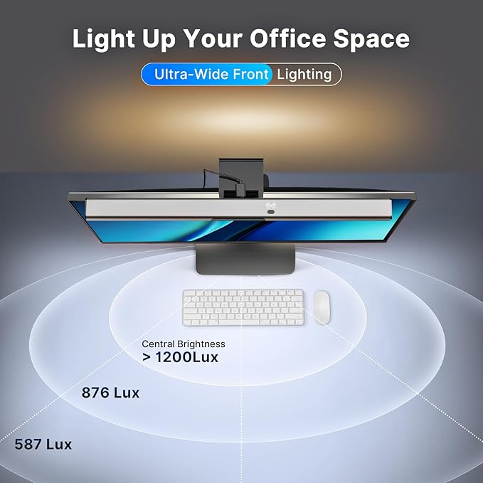 Syrinx 16.7" Computer Monitor Light Bar with Ambient Backlight, USB Reading LED Lamp, Screen Monitor Lamp, Touch + Gesture Control, Dimmable Desk Light, Eye-Caring, No Screen Glare for (Basic)