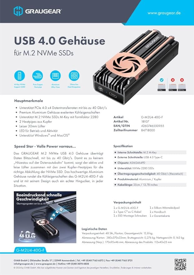 GRAUGEAR USB4 M.2 SSD Enclosure, 40Gbps NVMe SSD Enclosure with Built-in Cooling Fan and Dual-Pipe Heatsink Aluminum Case, Thunderbolt 4/3, ASM2464PD Chip
