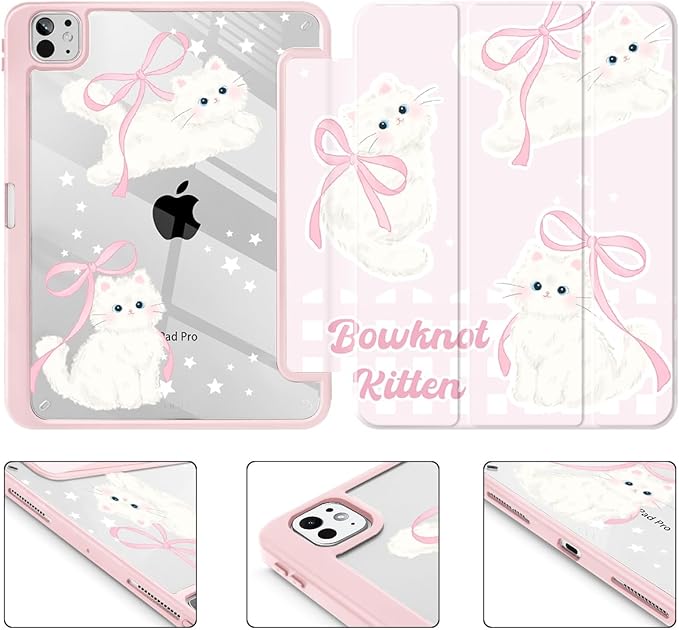 May Chen for iPad Pro 13 Inch Case M5 2025 / M4 2024, Built Pencil Holder & Clear Transparent Print Back Shell Slim Stand Shockproof Tablet Cover, Auto Wake/Sleep, Pink Bowknot Kitten