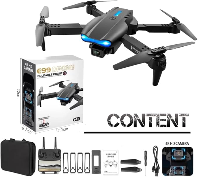 Mini E99 Pro RC Drone with Dual Camera, WiFi FPV, Foldable Design, Brushless Motor, Remote Control, 1 Rechargeable Batteries – Electronic Camera Drone