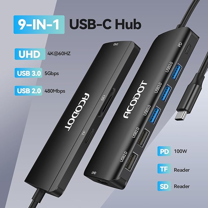 Acodot 9 in 1 USB C to 4K@60HZ HDMI Multiport Adapter, 3 USB 3.0 Ports, SD/TF Card Reader, 100W PD, Designed for MacBook Pro Air HP XPS etc, Black