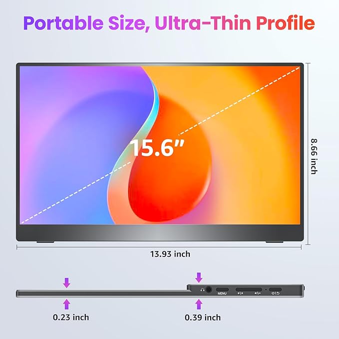 Upperizon Portable Monitor 15.6 inch FHD 87% sRGB 60Hz IPS HDR HDMI USB-C Travel Monitor for Laptop MacBook PC Surface PS5 Xbox, External Display with Kickstand & Speakers, VESA Compatible
