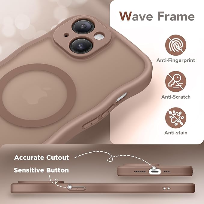 CAPRARO Cute for iPhone 15 Case, Compatible with MagSafe, [Curly Wave Edge] [Full Camera Protection] [14 FT Drop Protection] Magnetic Phone Case for 15 6.1 Inch, Brown