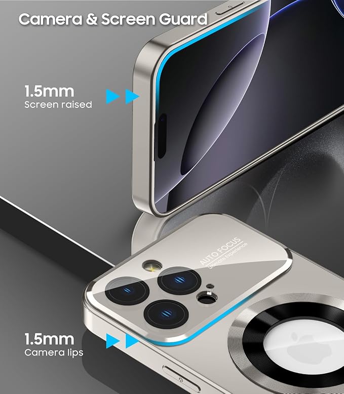 MAKAVO Magnetic for iPhone 16 Pro Case, Compatible with MagSafe, Built-in Camera Lens Protector, Logo View, Military Grade Drop Proof Phone Cover, Titanium Gray