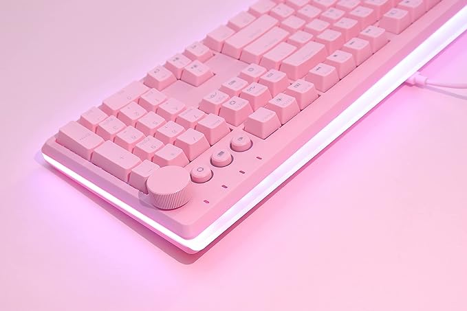 i-rocks K71M RGB Mechanical Gaming Keyboard with Media Control Knob, Switches (Brown), 107 Keys w/Full NKRO, PBT Keycaps, Multimedia Hotkeys, Detachable USB-C Cable and Onboard Storage, Pink
