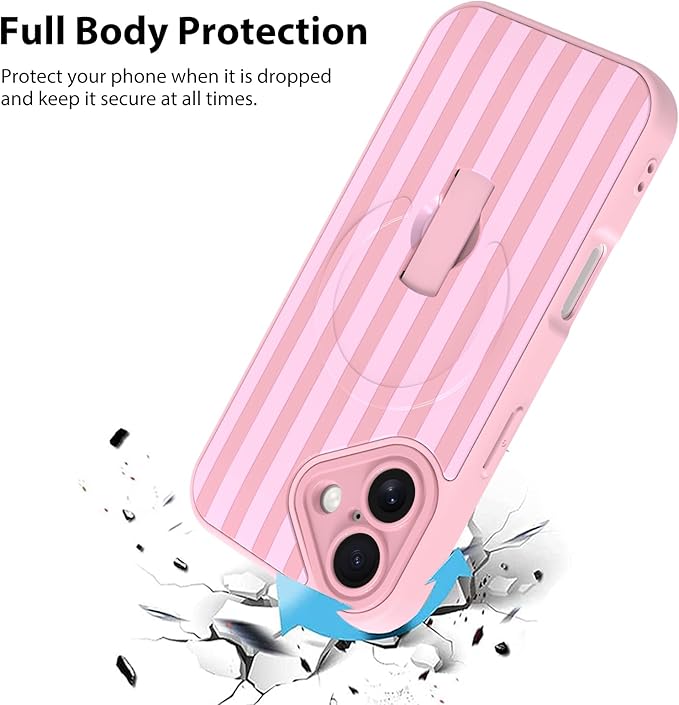 KANGHAR Compatible with iPhone 17 Case, Support for MagSafe, Silicone Stripes Cute Pattern, Wristband Kickstand Camera Protection Soft Slim Cover for Girls Women -Pink