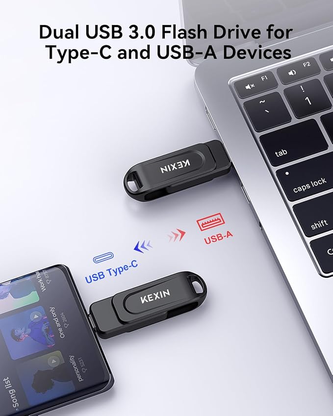 KEXIN Dual 32GB Flash Drive 2 Pack USB-A & Type-C Thumb Drive 3.0 100MB/s Swivel USB Drive 32GB Memory Stick for Smartphone Tablet iPhone 15/16 Car Game Console, Black 2 Pack