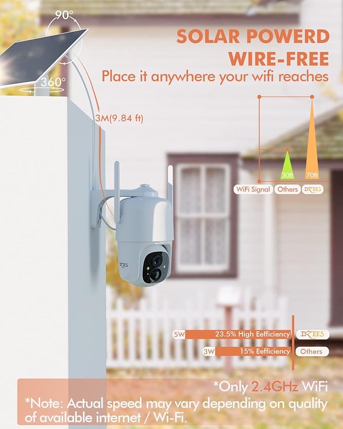 Dzees Security Cameras Wireless Outdoor, 2K Pan/Tilt 360° View Solar/Battery Powered WiFi Cameras for Home Security with AI Motion Detection,Color Night Vision, 2-Way Audio, IP66, SD/Cloud Storage