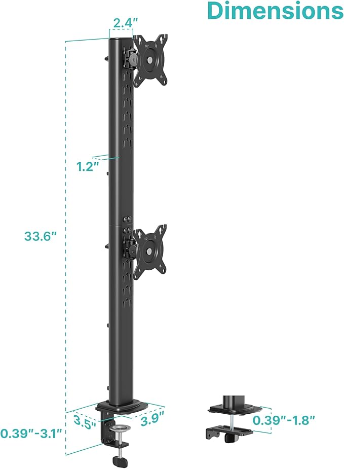Pegzone Vertical Dual Monitor Mount for 17–34 Inch Screens, Stacked Monitor Stand, Holds up to 33 lbs per Arm, 33.1" Extra Tall Pole, Full Motion Height Adjustable Mount, 75/100 VESA, Clamp & Grommet