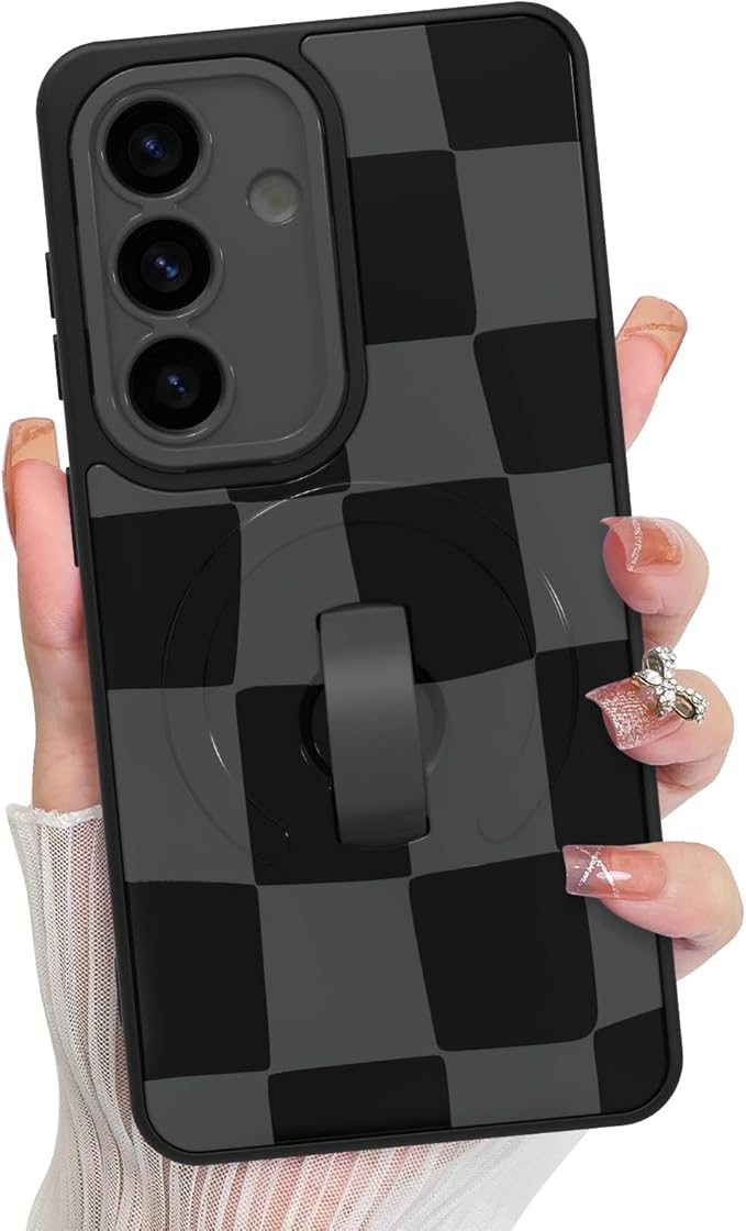 KANGHAR Compatible with Samsung Galaxy S26 Case, Support for MagSafe, Silicone Checkered Cute Pattern, Wristband Kickstand Camera Protection Soft Slim Cover for Girls Women -Black