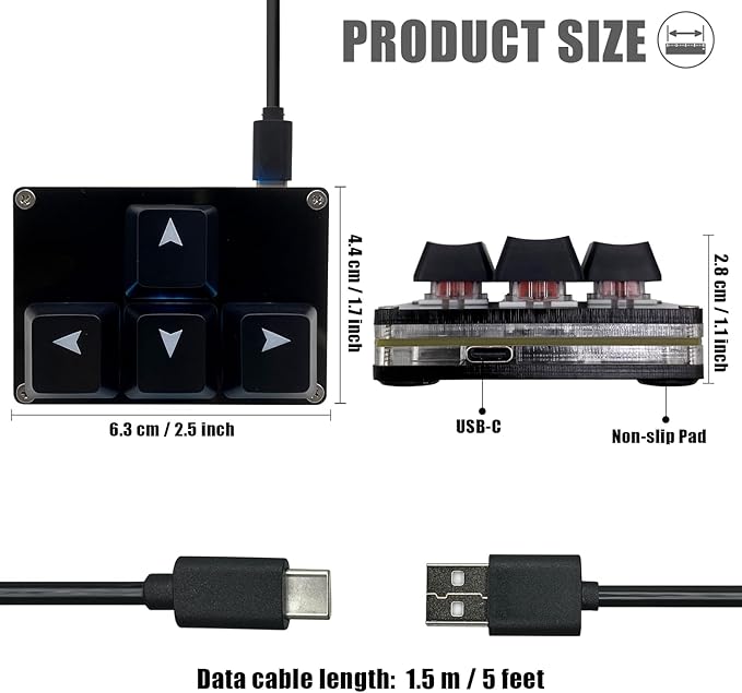 BTXETUEL Mini 4-Key Keypad WASD Arrow Key Keycaps Keyboard One-Handed Mechanical Gaming Keypad Programmable USB-C Customized Keyboard for Working or Gaming (Black, Arrow Keycaps 1)