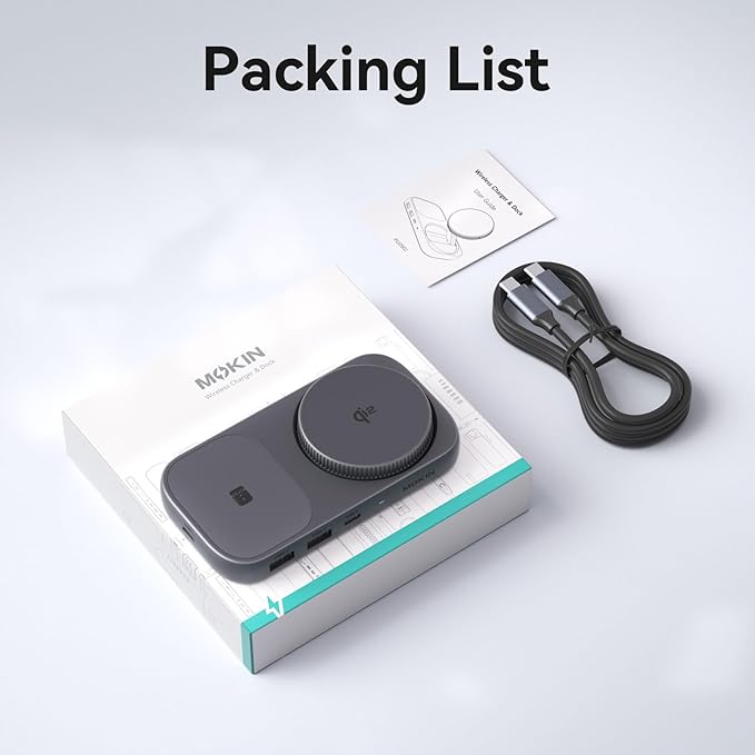 MOKiN USB C Hub 15W Wireless Charger, Qi2 Certified Magsafe Charging Stand with 4K@60Hz HDMI, 100W PD, 10Gbps USB C/A, and 5W Charging Pad, Laptop Docking Station for MacBook/Windows