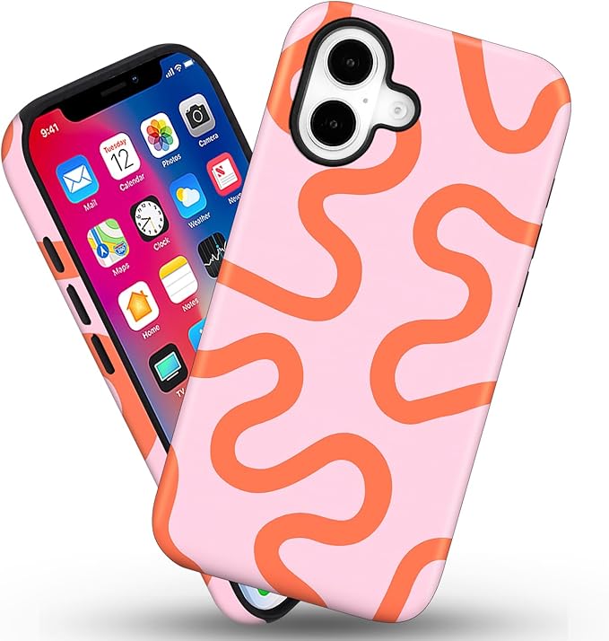Magnetic for iPhone 16 Case Cute Curved Stripes Phone Case, Shockproof Slim TPU and Hard PC Protective Phone Cover Compatible with MagSafe Designed for Women Girls,Pink
