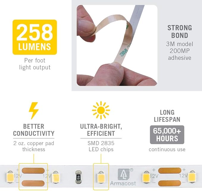 Armacost Lighting RibbonFlex Pro 12V White LED Strip Lights 60 LED/m, 2700K, 12 ft 132220