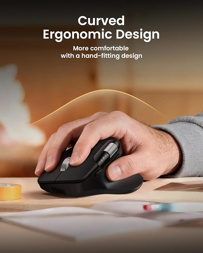 ProtoArc Ergonomic Wireless Mouse, EM25 Ultra-Fast Scrolling & Side Scroll, Customizable Bluetooth Rechargeable Mouse, 8000 DPI for Medium to Large Hands, Compatible with Windows/Mac/Android, Black