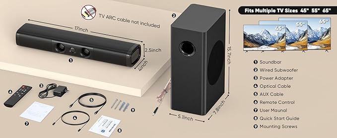 RIOWOIS Sound Bar for Smart TV,3.1ch Soundbar with Wired Subwoofer,100W Deep Bass, TV-ARC/Optical/AUX/Bluetooth 5.3 Connect, Surround Sound System for TV PC/Gaming/Projectors