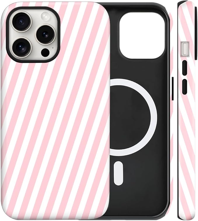 Magnetic for iPhone 15 Case Cute Diagonal Stripes Phone Case, Shockproof Slim TPU and Hard PC Protective Phone Cover Compatible with MagSafe Designed for Women Girls,Pink