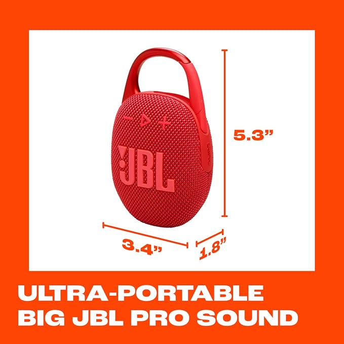 JBL Clip 5 - Ultra-Portable, Waterproof & Dustproof Bluetooth Speaker, Big JBL Pro Sound with Punchy bass, Integrated Carabiner, Up to 12 Hours of Play, Made in Part with Recycled Materials (Red)
