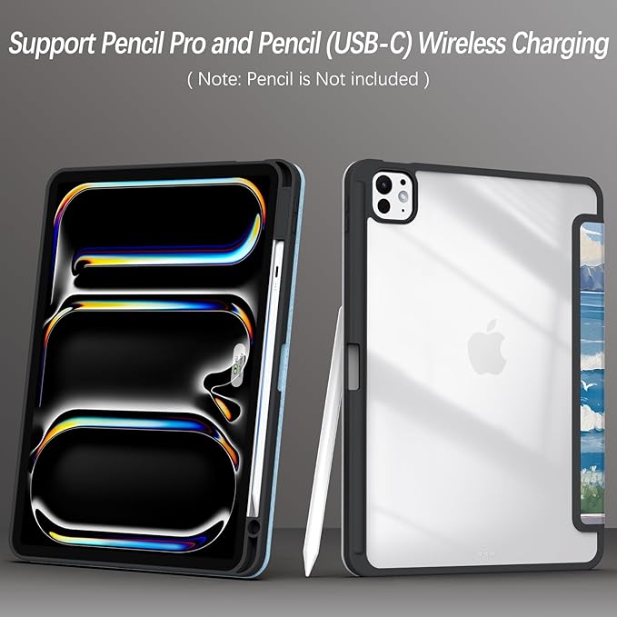 Case for iPad Pro 11-Inch M5/M4 2025/2024 (6th/5th Generation), Case with Pencil Holder, Clear Back Cover Cute Cool Design for Women Girls, Auto Sleep/Wake, Cute Cat