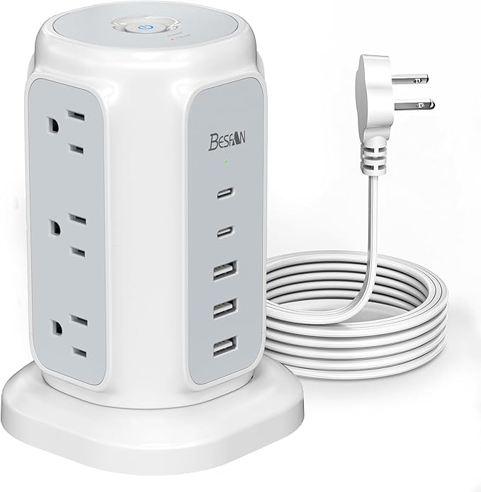 Power Strip Tower, 1625W Surge Protector with 9AC Outlets 5 USB Ports, 6.5 FT Extension Cord Charging Tower for Multiple Devices, for Office Supplies, Dorm Room Essentials for Girls, Guys