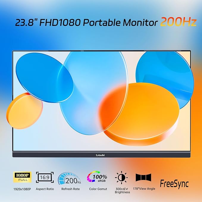 23.8" Large Portable Monitor 200Hz FHD 1080P IPS Freesync External Computer Display with USB C HDMI, Built in Speakers and Stand Portable Gaming Monitor for Laptop Phone PC Mac PS4 Xbox