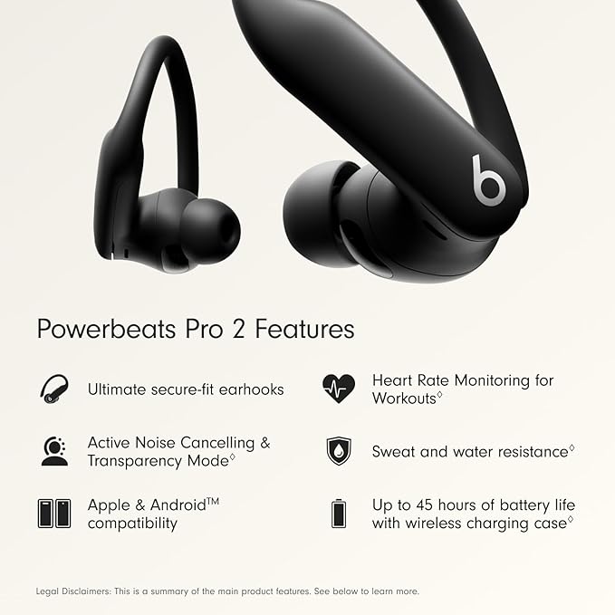 Beats Powerbeats Pro 2 - Wireless Noise Cancelling Workout Earbuds with Secure- Fit Earhooks, Up to 45-Hour Battery with Charging Case, Sweat & Water Resistant, Heart Rate Monitoring - Jet Black