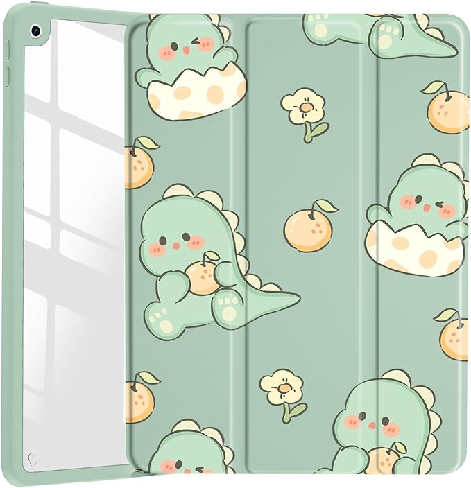 JOYLAND Cute Baby Dinosaur Pattern Case for iPad Pro 12.9" 6th/5th/4th/3rd Generation (2022/2021/2020/2018), Clear Transparent Acrylic Hard Back Case with Pencil Holder Trifold Stand Tablet Cover