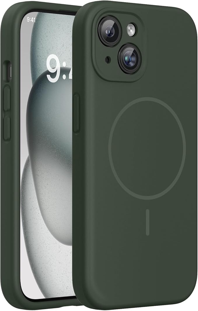 Miracase Magnetic for iPhone 15 Plus Case, [Soft Anti-Scratch Microfiber Lining], Magnetic for MagSafe, Liquid Silicone Shockproof Drop Protection Phone Case for 15 Plus, Dark Green