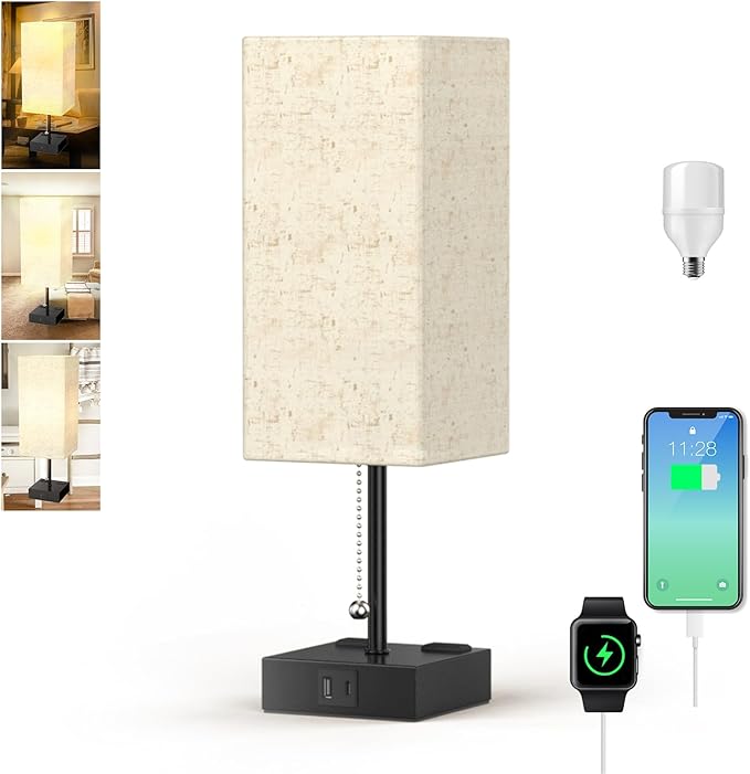 YIDPU Table Lamp for Bedroom with USB,Bedside Lamp with USB C+A Charging Ports,Adjustable 3color LED Light for Home Decor/Nightstand/Office,Included Bulb and Fabric Lamp Shade (Linen White, 1PCS)