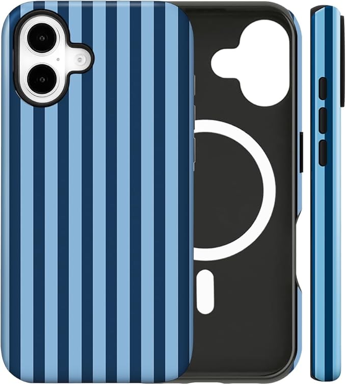 Magnetic for iPhone 17 Case Cute Stripes Phone Case, Shockproof Slim TPU and Hard PC Protective Phone Cover Compatible with MagSafe Designed for Women Girls, Lake Blue