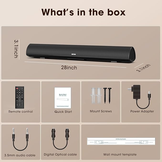 BESTISAN Soundbar, TV Sound Bar with Wired HDMI and Wireless Bluetooth 5.0 Home Theater System (28 Inch, Enhanced Bass Technology, 3-Inch Drivers, Bass Adjustable, Wall Mountable, DSP)