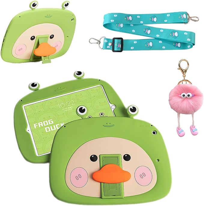 3D Cute Frog Duck Case for iPad 9th/8th/7th 10.2 inch,Kawaii Cartoon Character Frog Duck Soft Silicone Stand Case with Lanyard for Kids Teens Girls Women