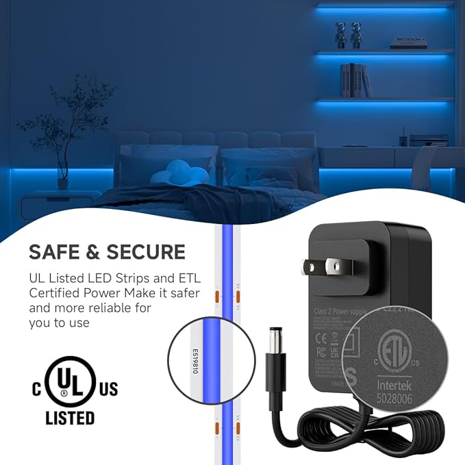 BTF-LIGHTING COB LED Strip Light 24V 16.4FT UL Listed, Blue Color Dimmable High Density Flexible Tape Light with RF Remote & ETL Power Adapter, Ultra Bright for Bedroom Kitchen Home Indoor Lighting