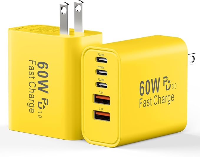 USB C Charging Blocks, 60W USBC Wall Fast Charger Block, Type C Phone USB C Charger Fast Charging Brick, 5-Port Multiport Charger Plug Power Adapter for Phone 17/16/15/14/13 Pro Max, Pad,S25-Yellow