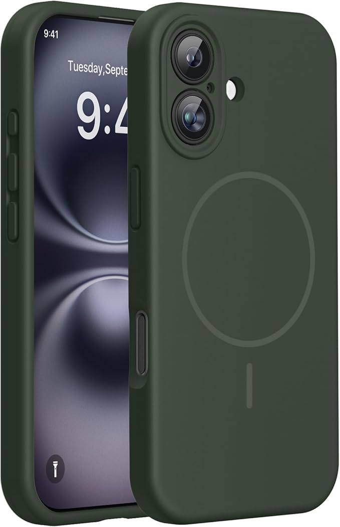 Miracase Magnetic for iPhone 16 Plus Case, [Soft Anti-Scratch Microfiber Lining], Magnetic for MagSafe, Liquid Silicone Shockproof Drop Protection Phone Case for 16 Plus,Dark Green