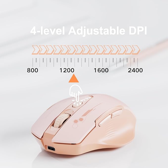 Uineer Wireless Bluetooth Mouse,[Upgraded] Rechargeable Computer Mice (BT 5.0/4.0+2.4G Hz) with Visible Battery Level, 4 Adiustable DPl, Portable PC Mouse for MacBook Chromebook,Pink