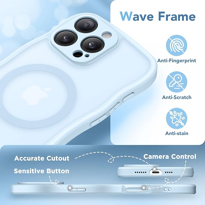 CAPRARO for iPhone 16 Pro Case for Women Girls, Upgraded [Full Camera Protection] [Compatible with MagSafe] Cute Wave Translucent Matte Phone Case for iPhone 16 Pro, Light Blue