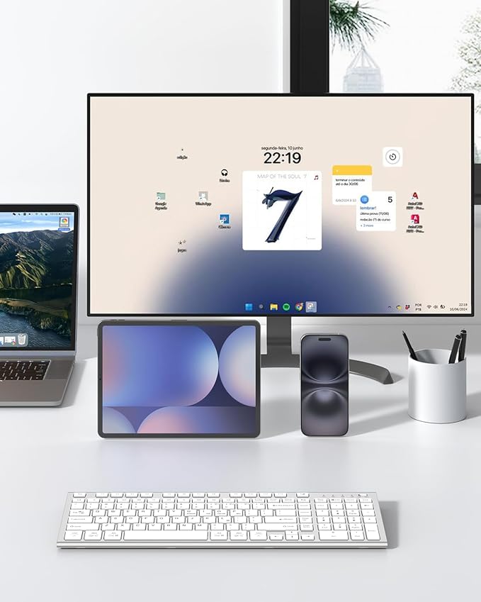 FENIFOX Wireless Keyboard, Bluetooth & 2.4G USB & USB-C Rechargeable Silent Ultra Quiet Low Profile Compact Full Size with Number Pad Soft Multi Device for Mac MacBook Windows PC - White & Silver
