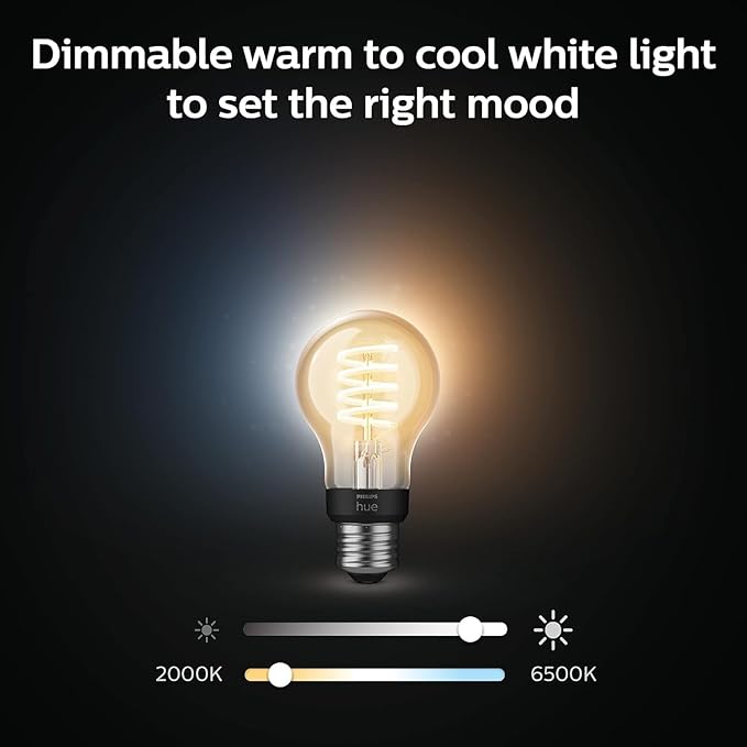Philips Hue Smart 40W A19 Filament LED Bulb - White Ambiance Warm-to-Cool White Light - 4 Pack - 550LM - E26 - Indoor - Control with Hue App - Works with Alexa, Google Assistant and Apple Homekit