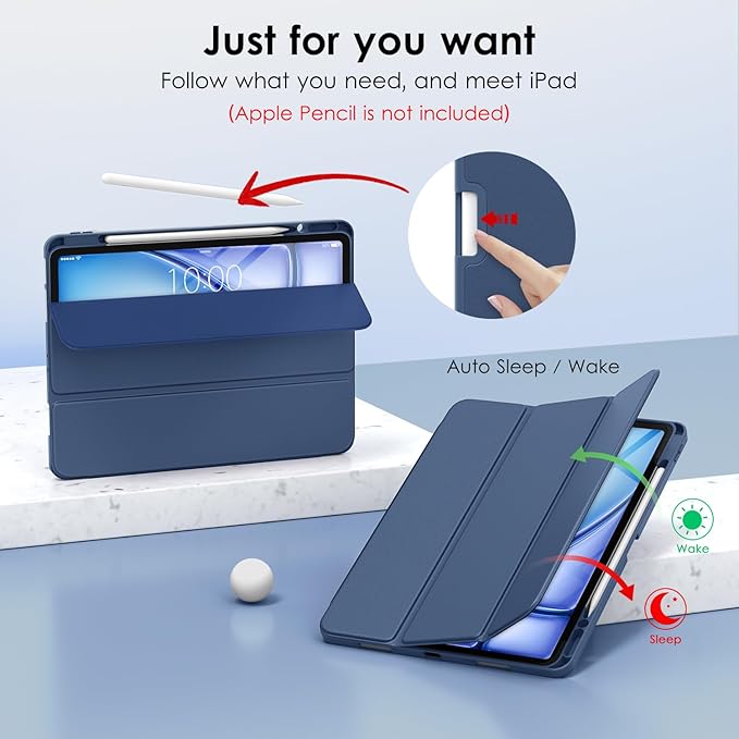 DTTO for iPad Air 13 Inch Case M4/M3/M2 2026/2025/2024, iPad Pro 12.9 Inch Case (6th/5th/4th/3rd Gen), Smart Slim Trifold Stand Soft Cover with Pencil Holder, Navy Blue