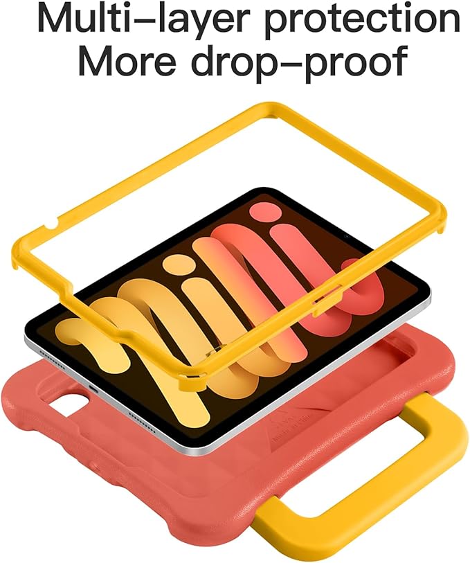 Kids Case for iPad mini 7 (A17 Pro) 2024 /iPad Mini6 2021, Light Weight Heavy Duty/Shockproof/Drop Proof with Handle/Kickstand, Child Friendly Cover for iPad mini 7th/6th Gen 8.3inch (Red Yellow)