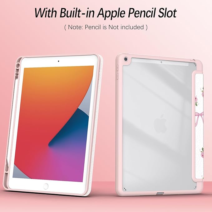 Case for iPad 9th / 8th / 7th Generation (2021/2020/2019) 10.2 inch, Case with Pencil Holder, Stand Clear Back Cover Cute Cool Design for Women Girls, Auto Sleep/Wake, Bow Rose
