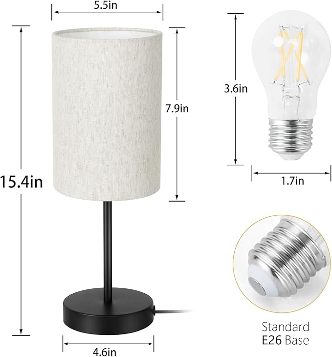 RISLG 2 Pack Small Table Lamps for Bedroom, Bedside Lamps for Nightstand with Wire Switch, Minimalist Modern Desk Lamps with Linen Fabric Shade for Kids Room Living Room Office Dorm, Bulb Included