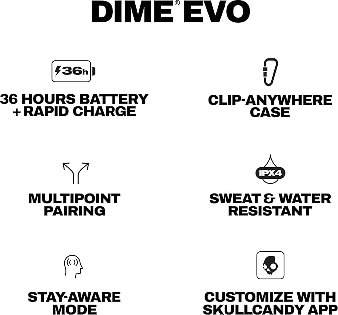 Skullcandy Dime Evo Wireless Earbuds, in-Ear Bluetooth Headphones, Up to 36 Hours Battery, Microphone for iPhone Android, Easy Carry with Clip-Anywhere Case - Realtree Edge Colors White