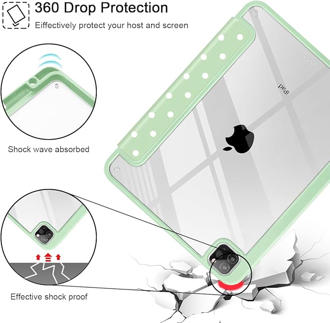 Tuiklol for iPad Pro 11 Inch 4th / 3rd / 2nd / 1st Gen (2022 2021 2020 2018) Case -Built-in Pencil Holder Shockproof Cover Clear Transparent Back Shell with Auto Wake/Sleep, Spot-Green