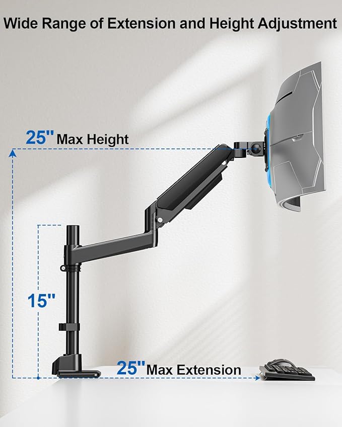 Heavy Duty Single Monitor Mount for Max 49 inch, Hold 7.7 to 44 lbs Ultrawide Screens, Premium Monitor Arm for Samsung Odyssey G9 and More, Adjustable Gas Spring Desk Stand, VESA Mount