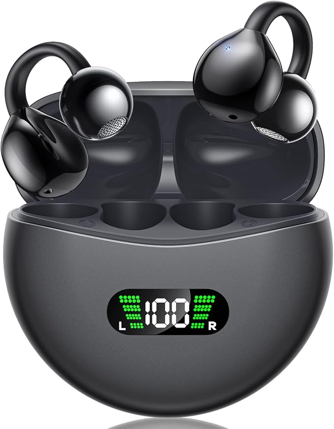 Wireless Earbuds Open Ear Clip On Headphones with LED Digital Display Charging Case Touch Control Bluetooth 5.4 Air Conduction Sport Earphones for Running Fitness, Dark Grey