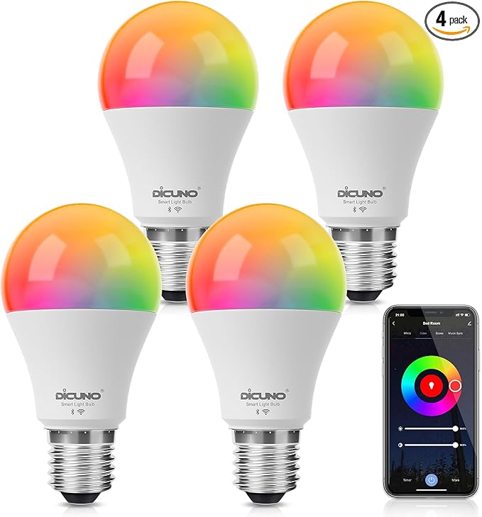 DiCUNO Smart Light Bulbs, Full Color Changing Bulb, Compatible with Alexa, Google Assistant, No Hub Required, RGBCW Multicolor Dimmable Smart LED WiFi Bluetooth A19 E26 9W 800LM Lights, 4-Pack